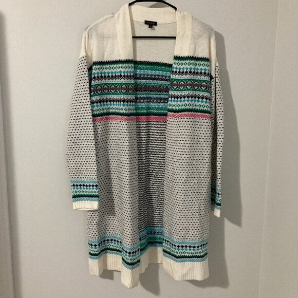 Talbots Women M Long Open Cardigan Duster White Pattern Long Sleeve Spring Boho - Picture 1 of 8